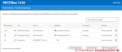 Smarte Steckdose FRITZ!DECT 210 - Oberfläche Geräteverwaltung 