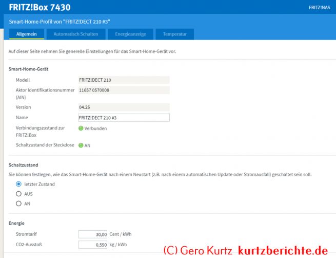 Smarte Steckdose FRITZ!DECT 210 - Daten der Smarten Steckdose