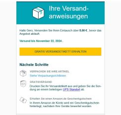 Amazon Trade-In Programm - Mail mit den Hinweisen für das Trade In