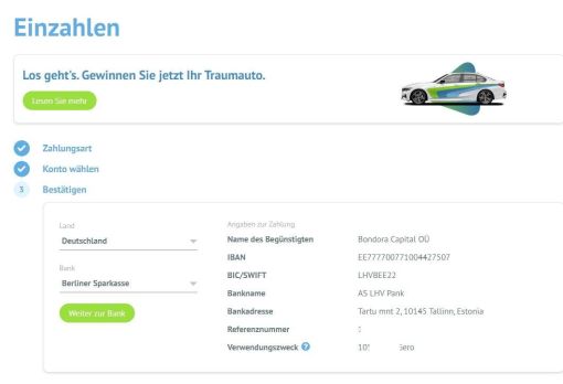 Bondora Finanzdienstleister - Anzeige der Bankdaten