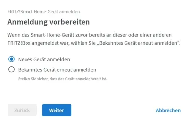 Einrichtung in FritzBox - Neues Gerät anmelden