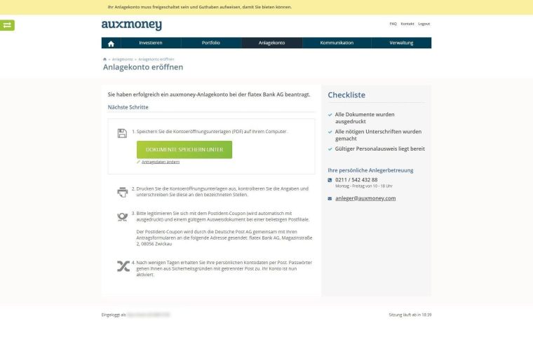 Bestätigung zur Kontoeröffnung
